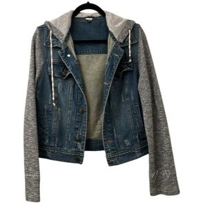 Distressed Jean Jacket With Gray Knit Sleeves Women’s Size Small